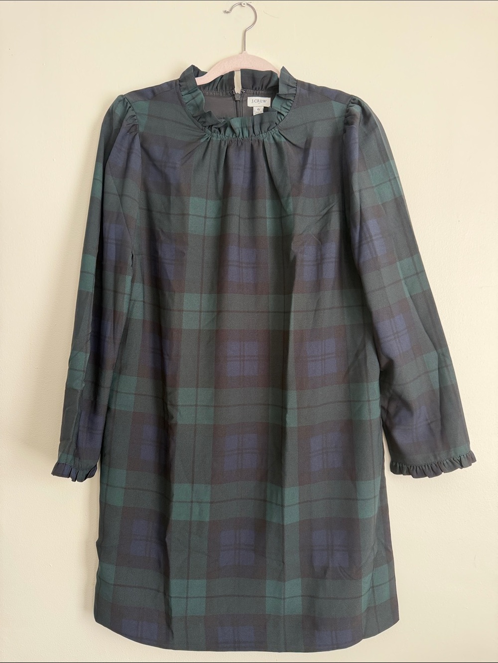 J. Crew Green & Navy Plaid Ruffle-Neck Kids Dress